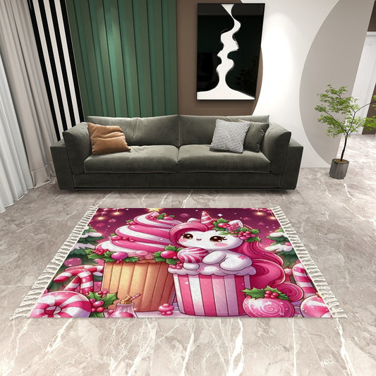 Area Rug with Tassels (8:5) Pink Unicorn Christmas decoration - HomeClothesJewelry