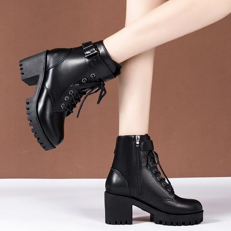 Lace up round toe buckle with thick sole short tube women's fashionable Martin boots