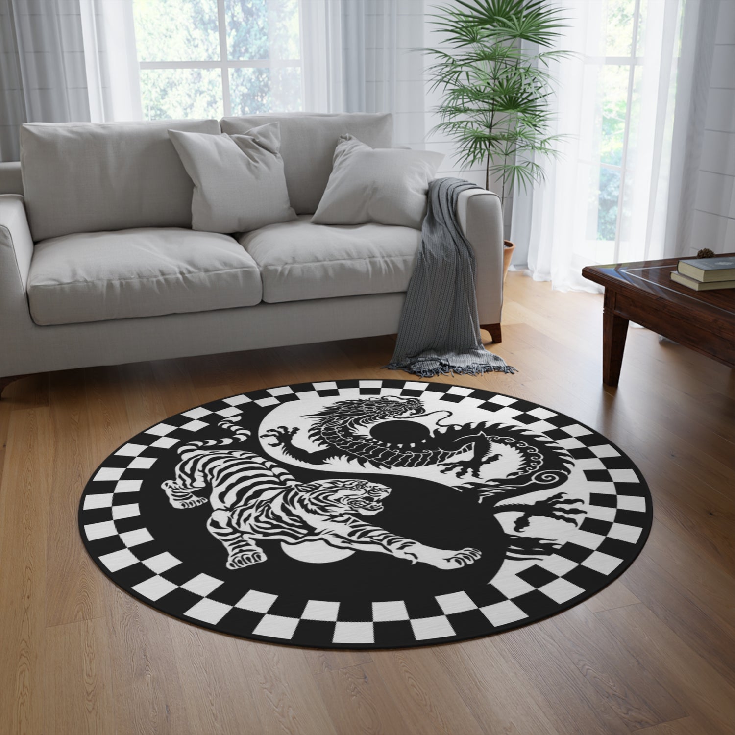 Round Rug Tiger and Dragon black and white