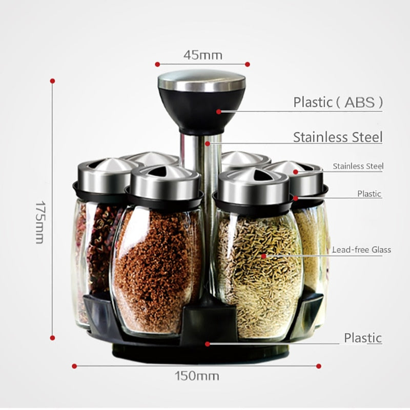 Rotating Cruet Condiment Seasoning Jars Set for Spices Pepper Sprays Bottles Salt Shakers Holder Kitchen Storage Rack Organizer