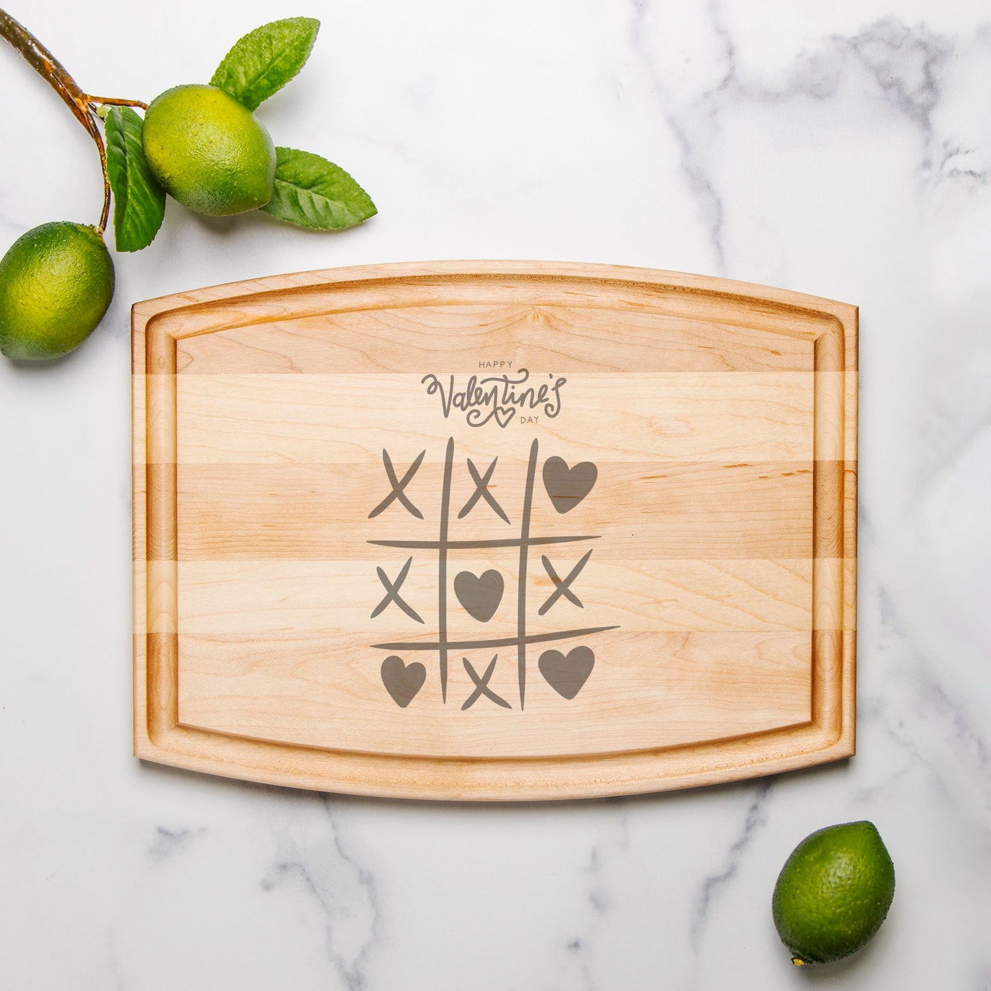 Happy Valentine's day Arched Wood Cutting Board with Groove - 12" x 9"