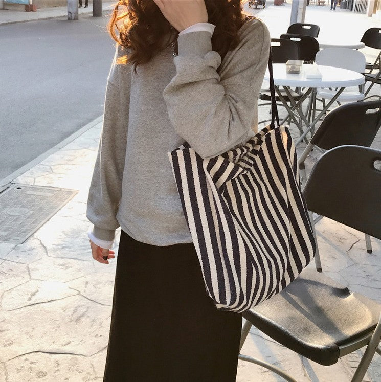 Large capacity Korean classic retro striped shoulder bag simple canvas bag cloth bag