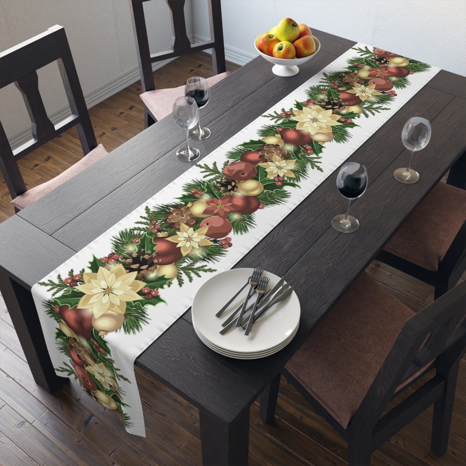 Table Runner (Cotton, Poly) Poinsettia Christmas