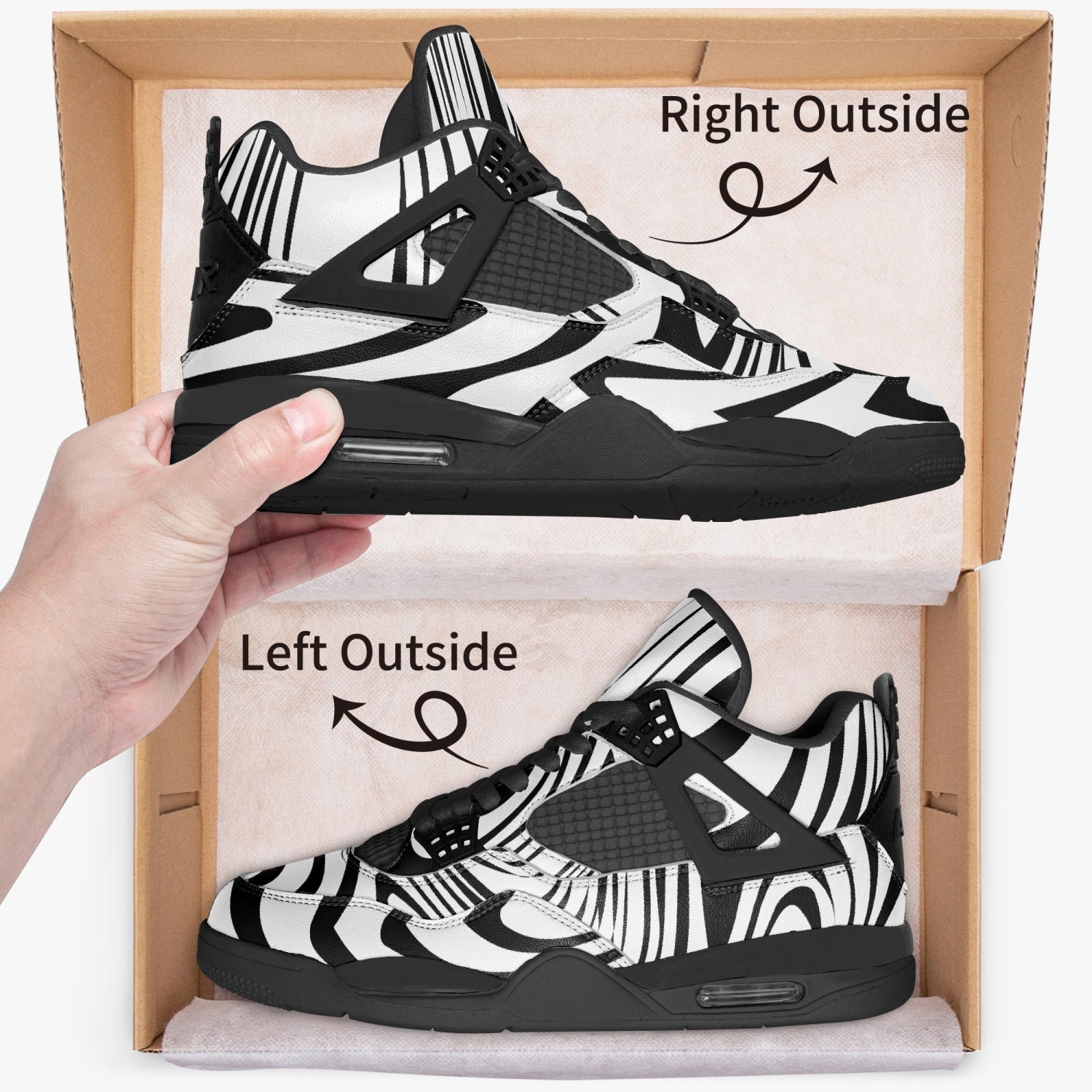 Elite Edition Abstract Black and White AJ4 Basketball Sneakers with Black Sole