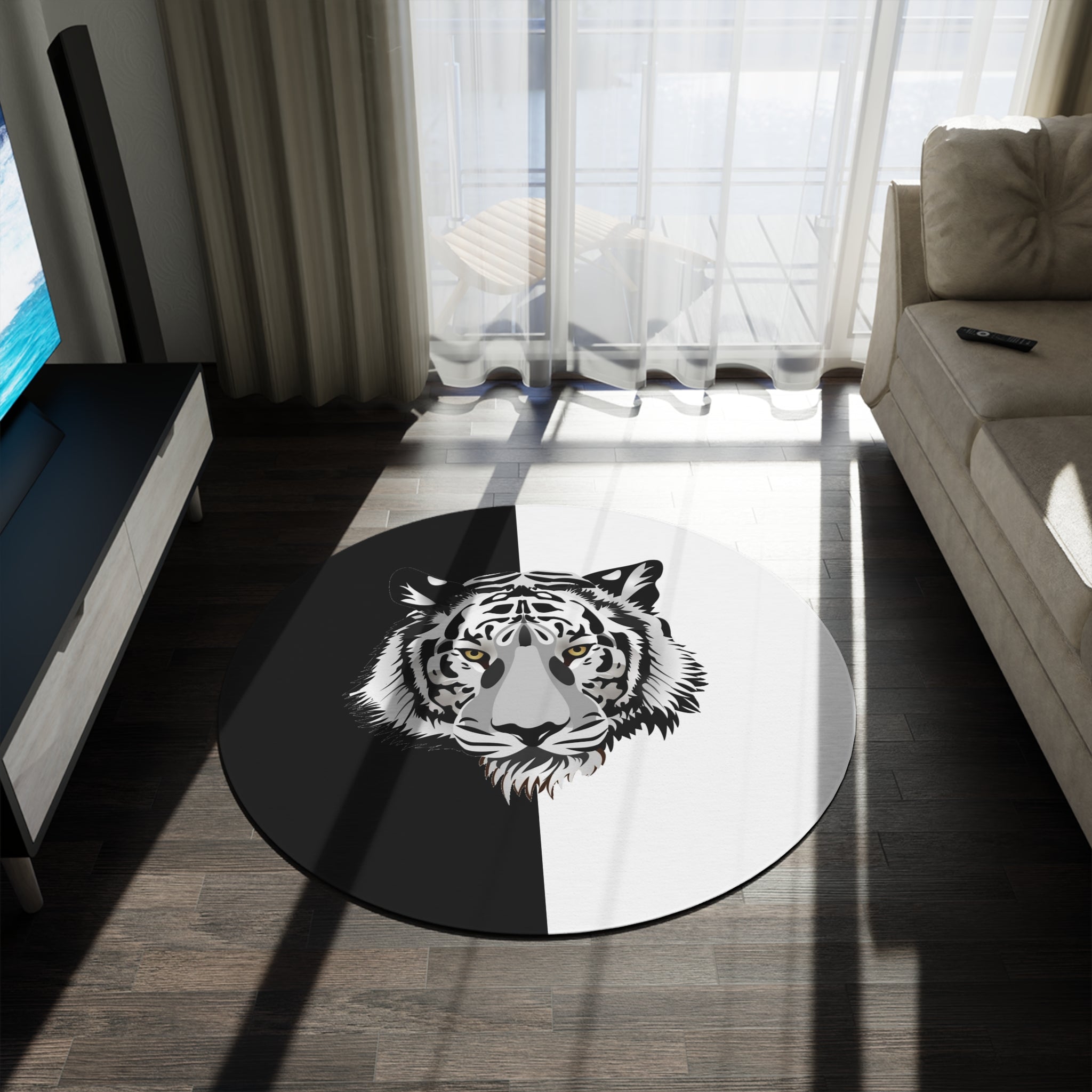 Round Rug Tiger Black White