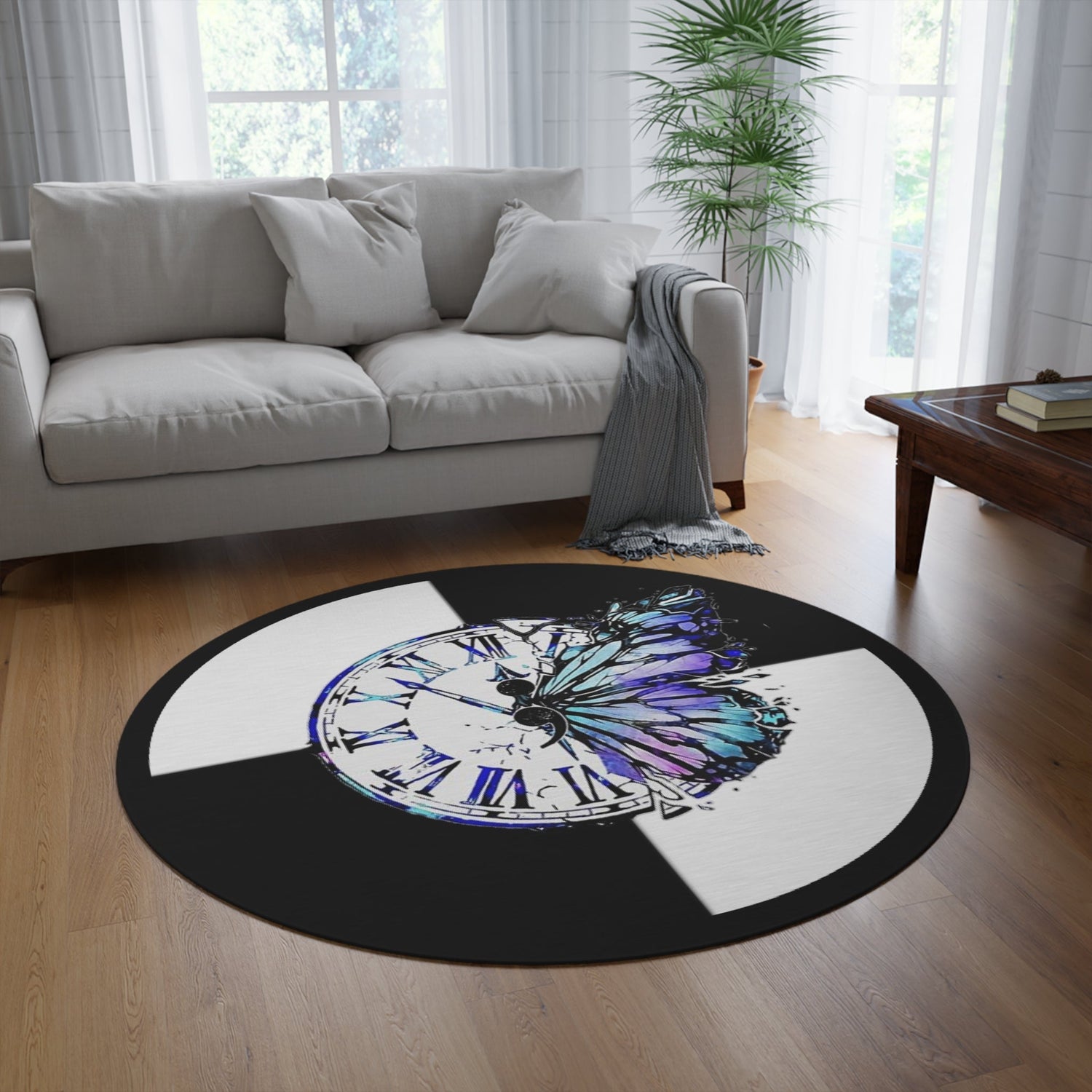 Round Rug Clock with Butterfly on black and white