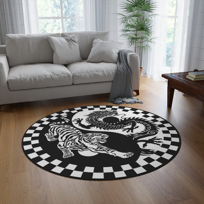 Round Rug Tiger and Dragon black and white