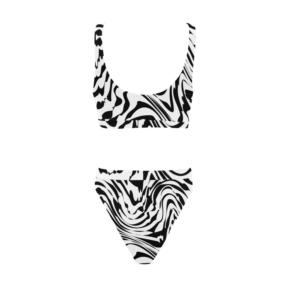 Sport Top &amp; High-Waisted Bikini Swimsuit (Model S07) Black and White Abstract