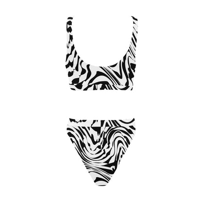 Sport Top & High-Waisted Bikini Swimsuit (Model S07) Black and White Abstract
