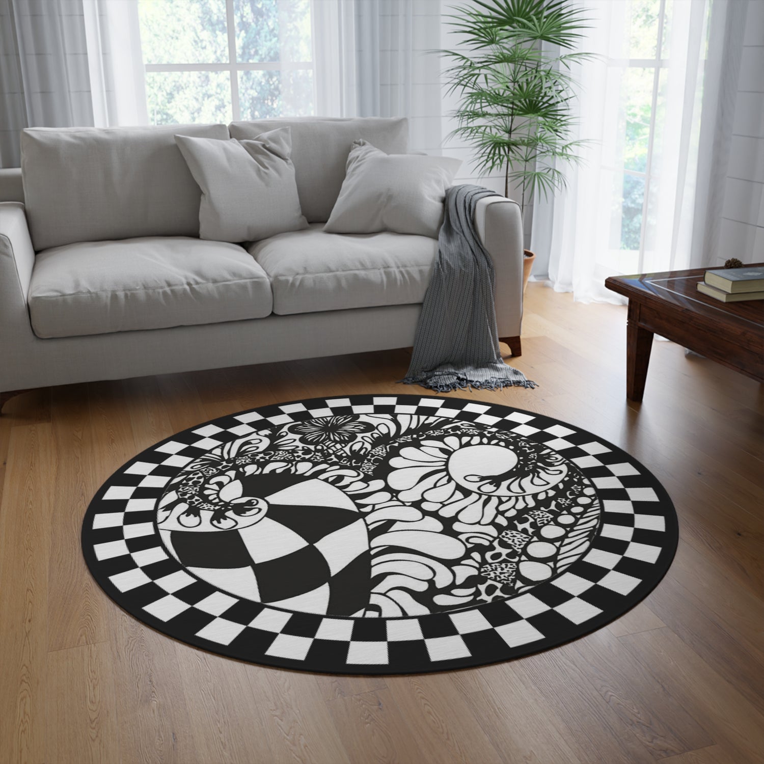 Round Rug Black and White artistic