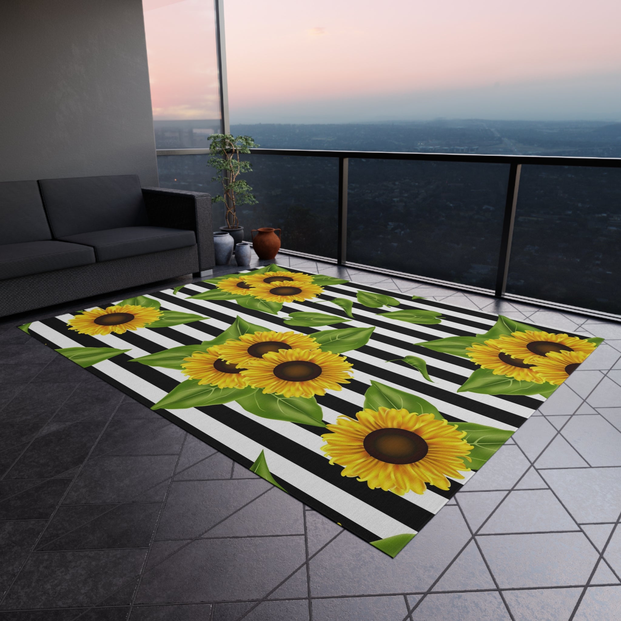 Outdoor Rug Sunflowers on black and white