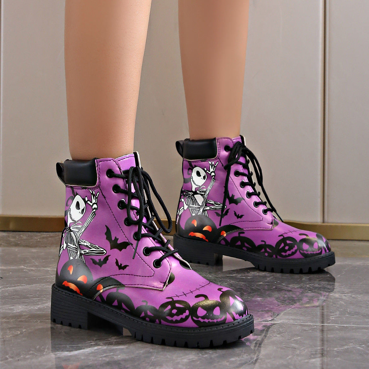 Printed short boots for women, round toe, thick heel, lace up, European and American Martin boots