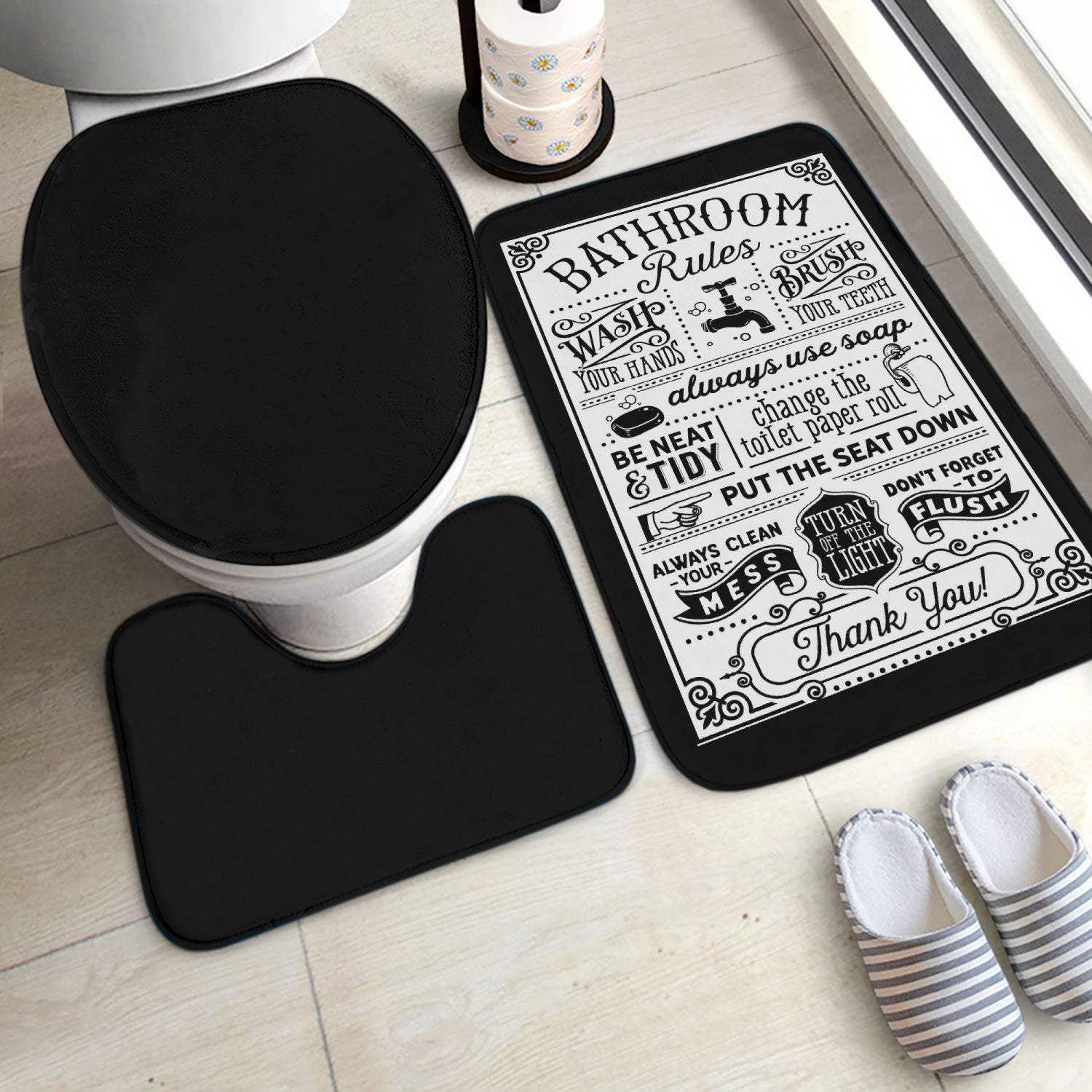 Stylish 3-Piece Toilet Rug Set with Bathroom Rules and Mat