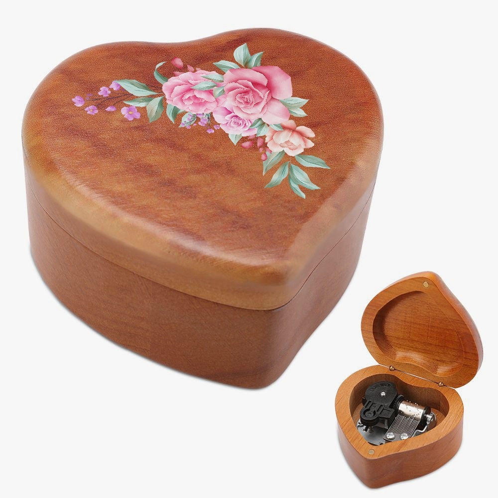 830. Heart Shaped Wooden Music Box Flowers