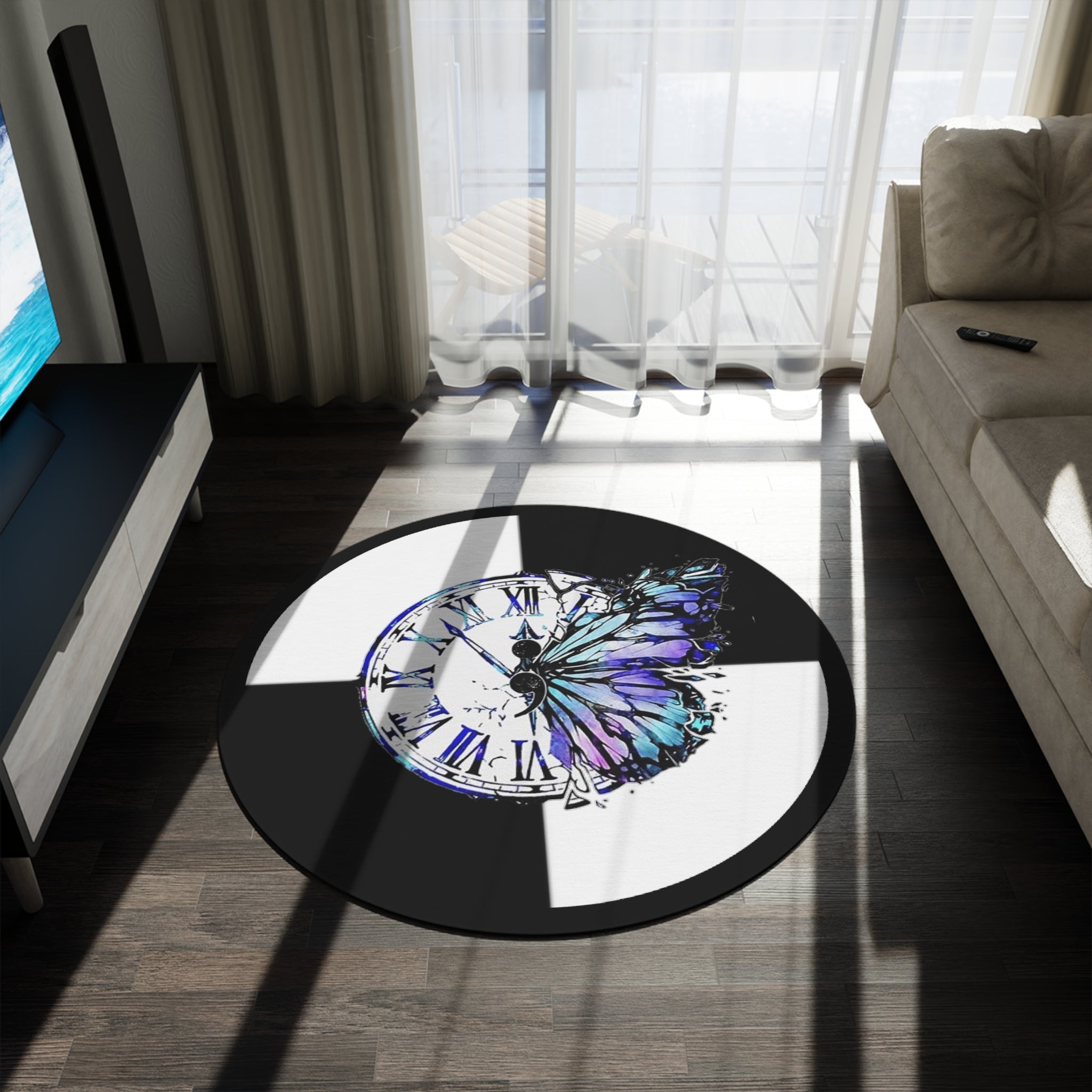 Round Rug Clock with Butterfly on black and white