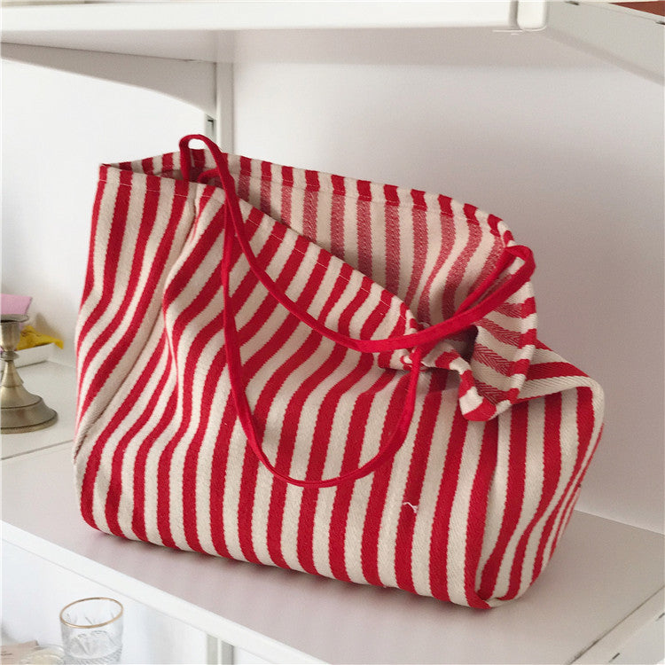 Large capacity Korean classic retro striped shoulder bag simple canvas bag cloth bag