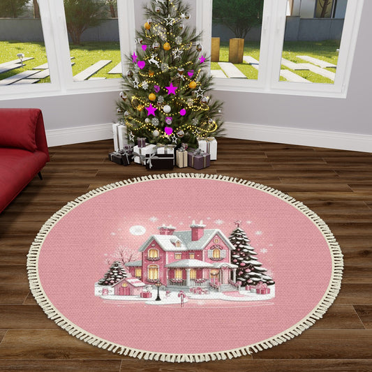 Multiple Sizes Round Area Rug with Tassels Christmas pink Castle