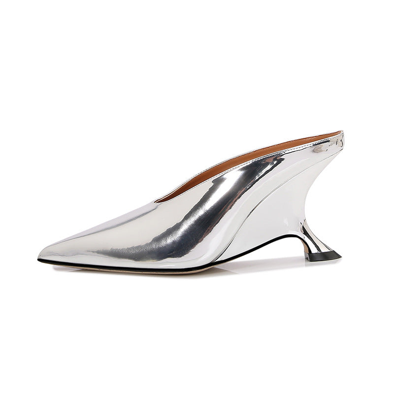 Glossy patent leather cross-border women's shoes with high heels and sloping heels slippers