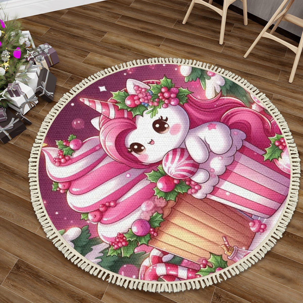 Multiple Sizes Round Area Rug with Tassels Christmas pink Unicorn