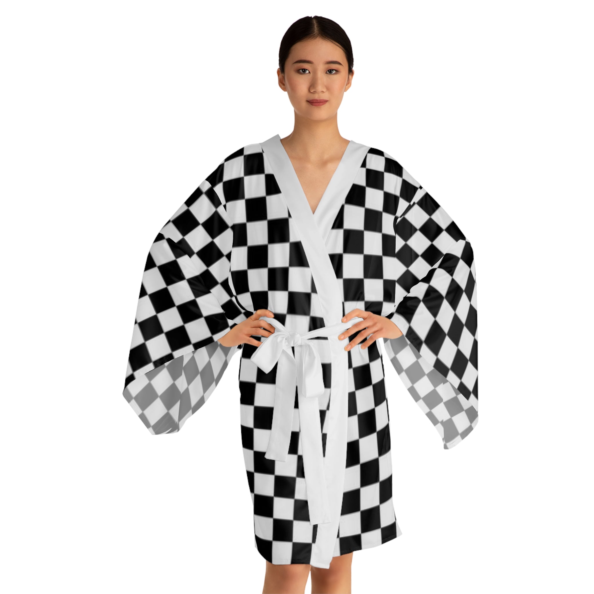 Long Sleeve Kimono Robe Black and White