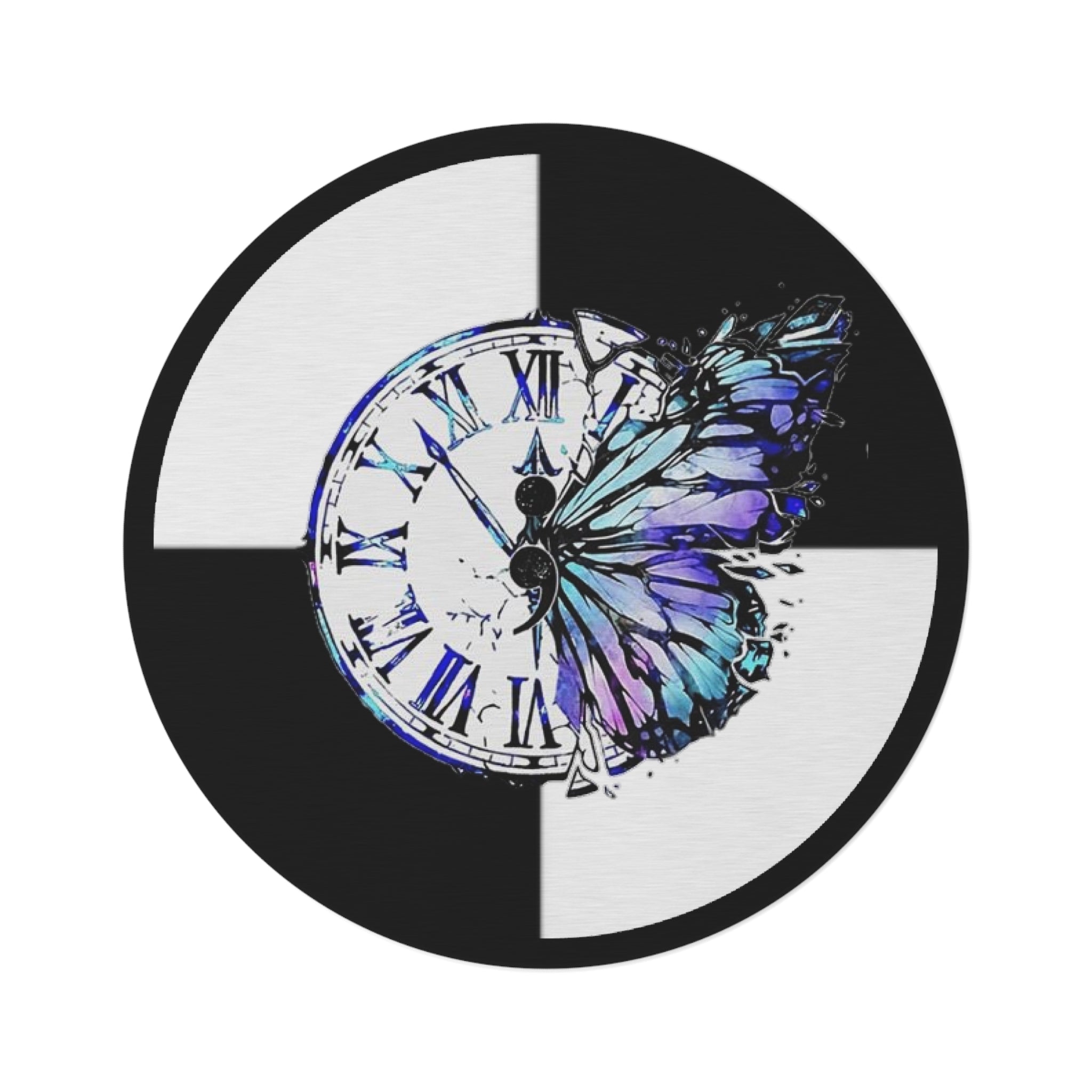 Round Rug Clock with Butterfly on black and white