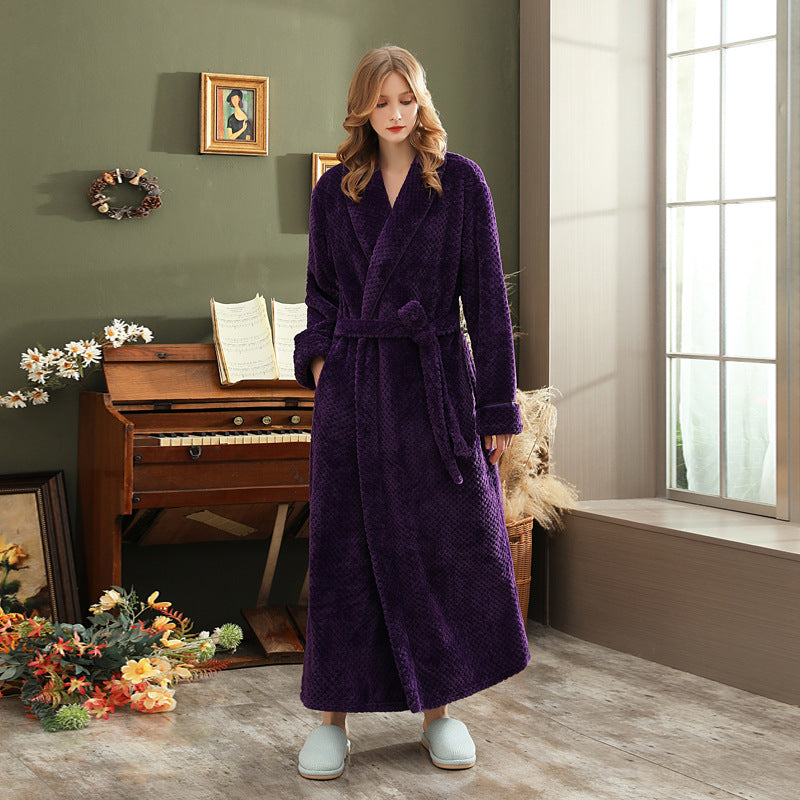 Autumn and winter extended thick couple bathrobe flannel waist cinched nightgown women's long sleepwear men's home clothes