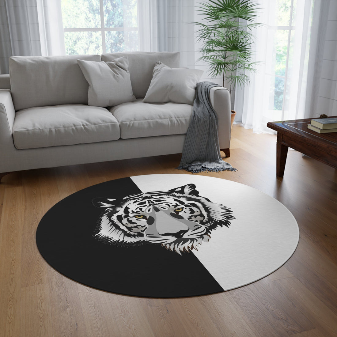 Round Rug Tiger Black White