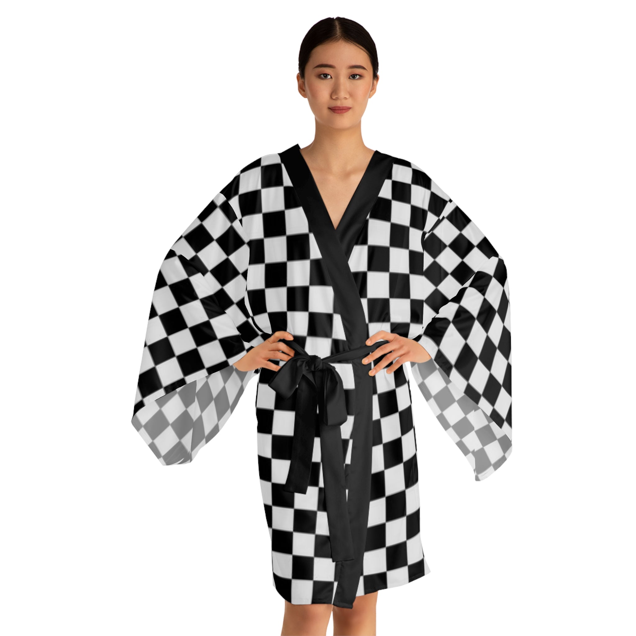 Long Sleeve Kimono Robe Black and White