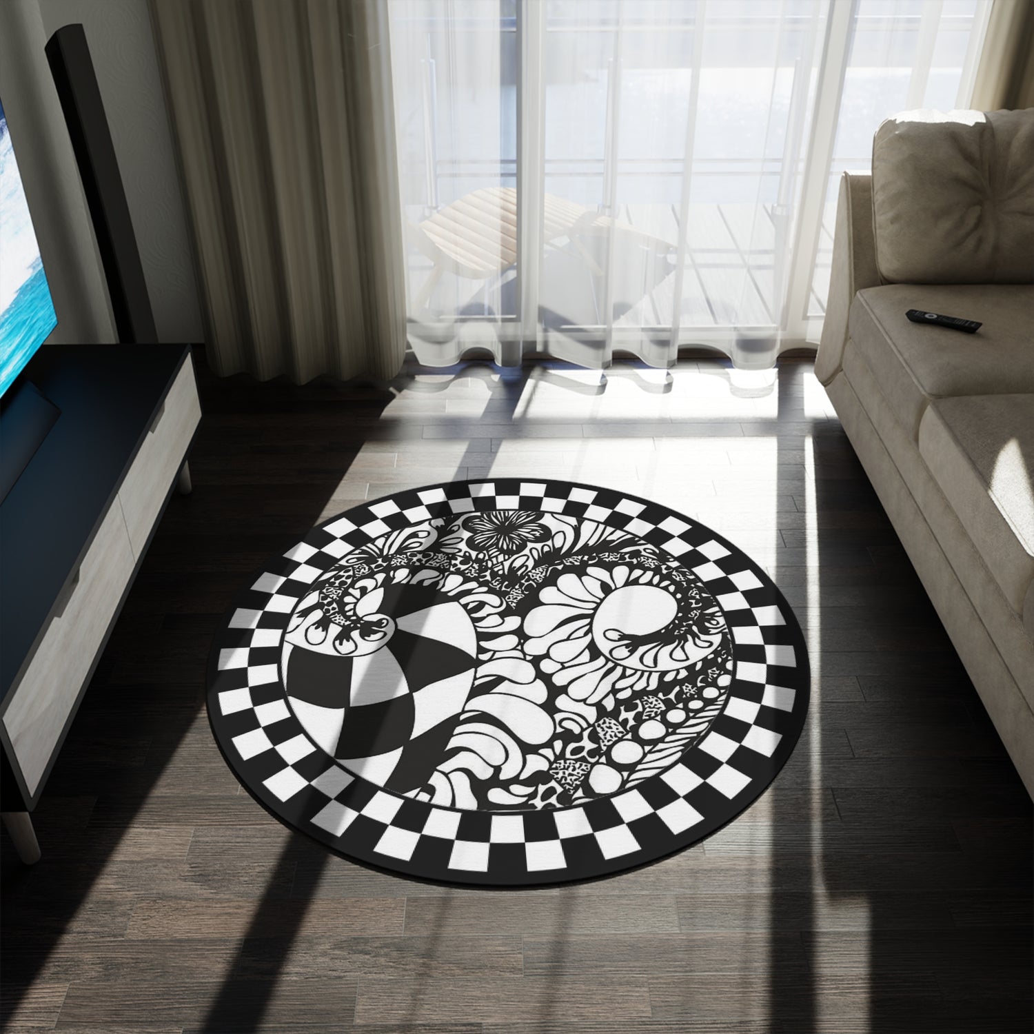 Round Rug Black and White artistic