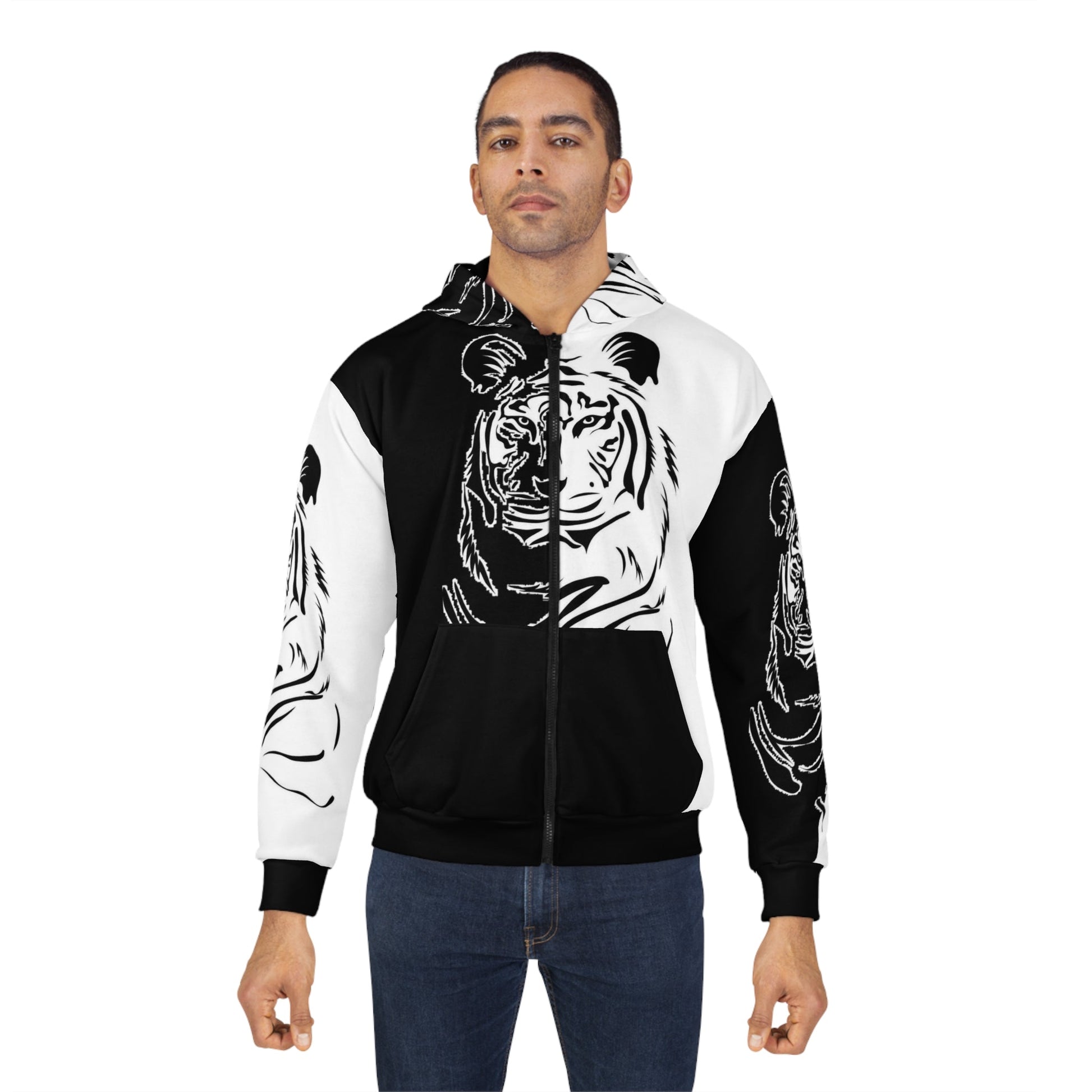 Unisex Zip Hoodie Tiger Black and White - All Over Prints