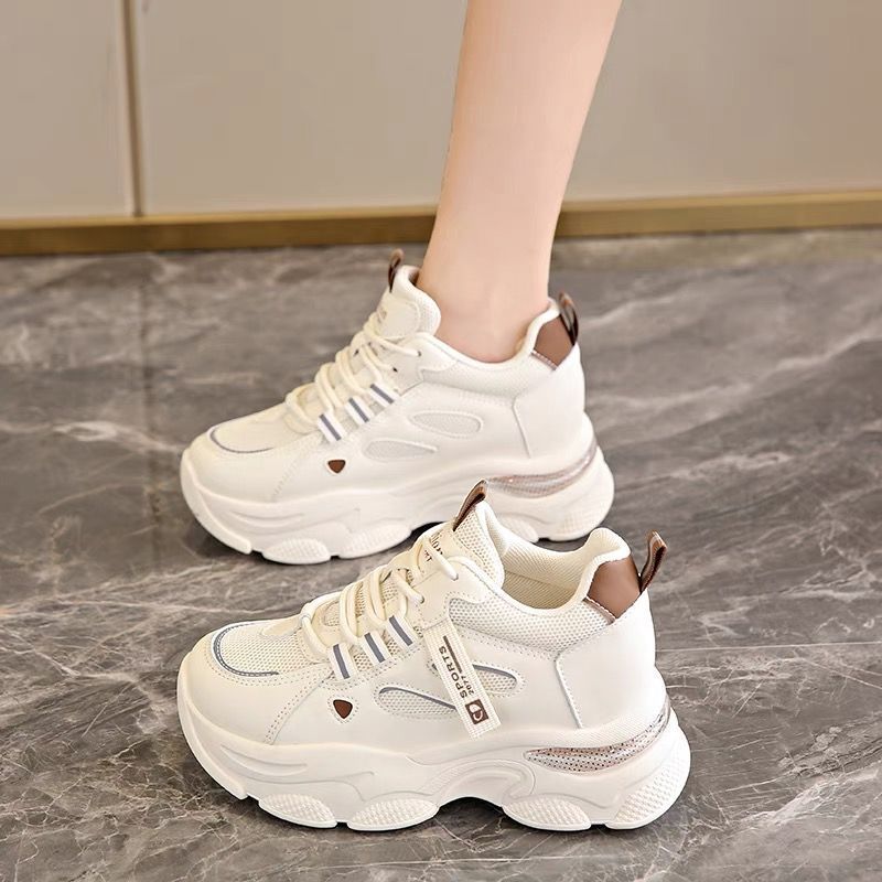 Real leather raised dad shoes new thick soled air cushion shock-absorbing sports shoes casual women's shoes