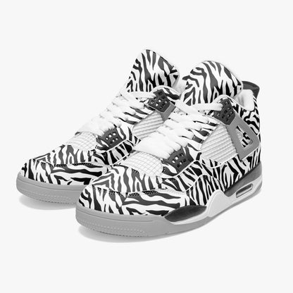 Unique AJ4 Basketball Sneakers with Zebra Print Accents and Grey Sole