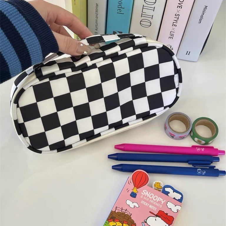 Ins Style Simple Black And White Plaid Pencil Case Large Capacity Student Niche Couple Storage Bag Stationery Box Pencil Case