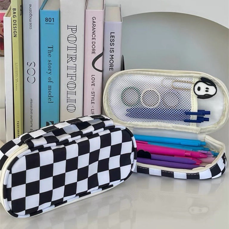 Ins Style Simple Black And White Plaid Pencil Case Large Capacity Student Niche Couple Storage Bag Stationery Box Pencil Case