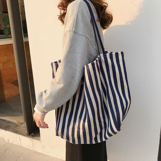 Large capacity Korean classic retro striped shoulder bag simple canvas bag cloth bag