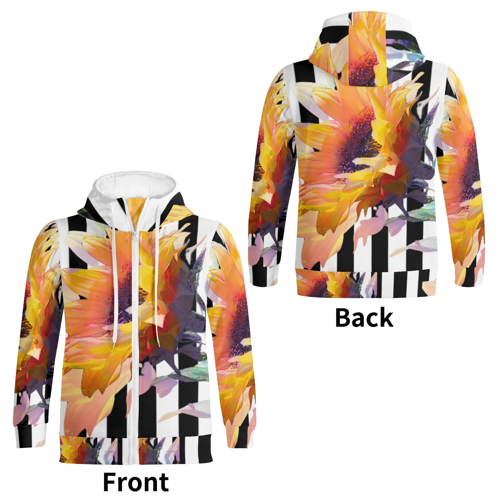 Adult Full Zip Turtleneck Hoodie Streetwear Black White with Sunflower Home-clothes-jewelry