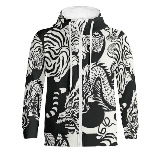 Adult Full Zip Turtleneck Hoodie Streetwear Black and White Tiger and Dragon - HomeClothesJewelry