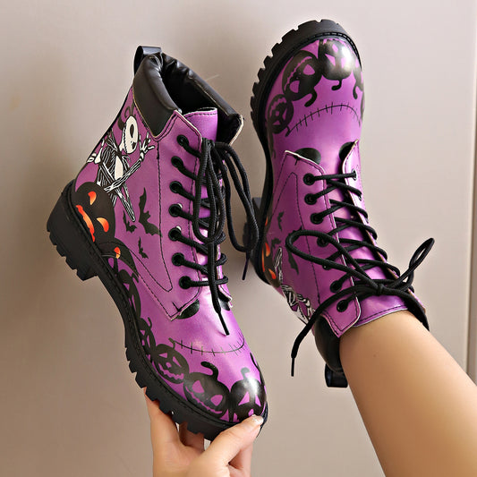 Printed short boots for women, round toe, thick heel, lace up, European and American Martin boots