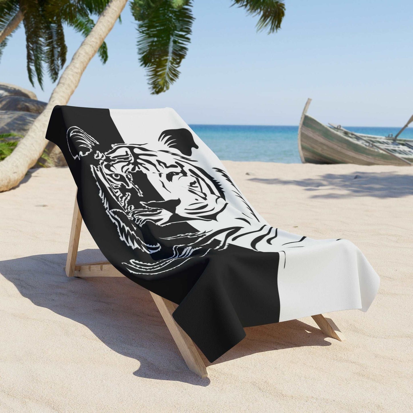 Beach Towel Tiger on black and white - HomeClothesJewelry