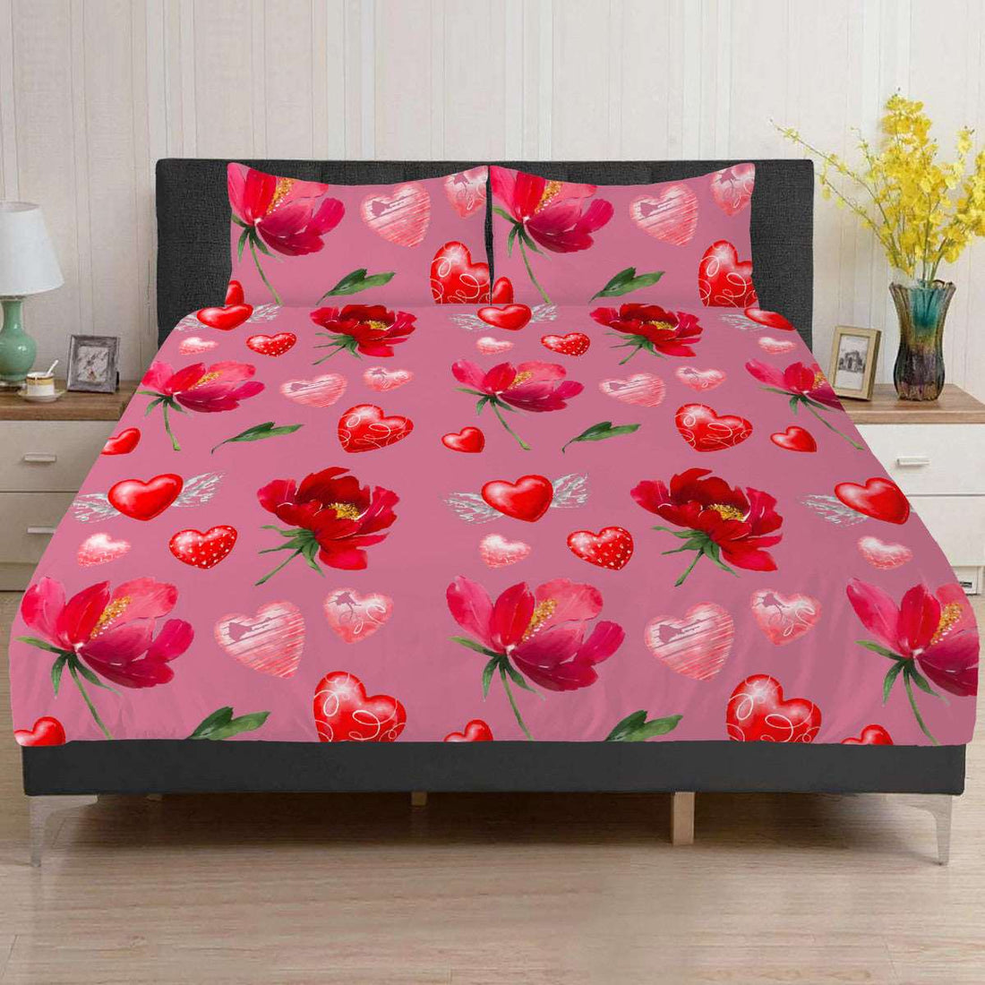 Bedding Valentine with flowers and red hearts, bedroom decoration for every day Home-clothes-jewelry