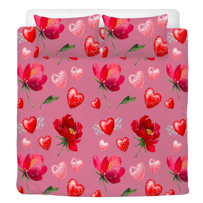 Bedding Valentine with flowers and red hearts, bedroom decoration for every day Home-clothes-jewelry