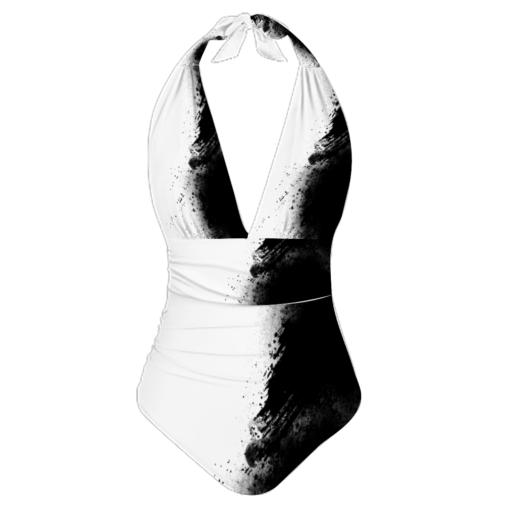 Custom All Over Print Women's Tankini Halterneck One Piece Swimsuit Black White abstract Home-clothes-jewelry