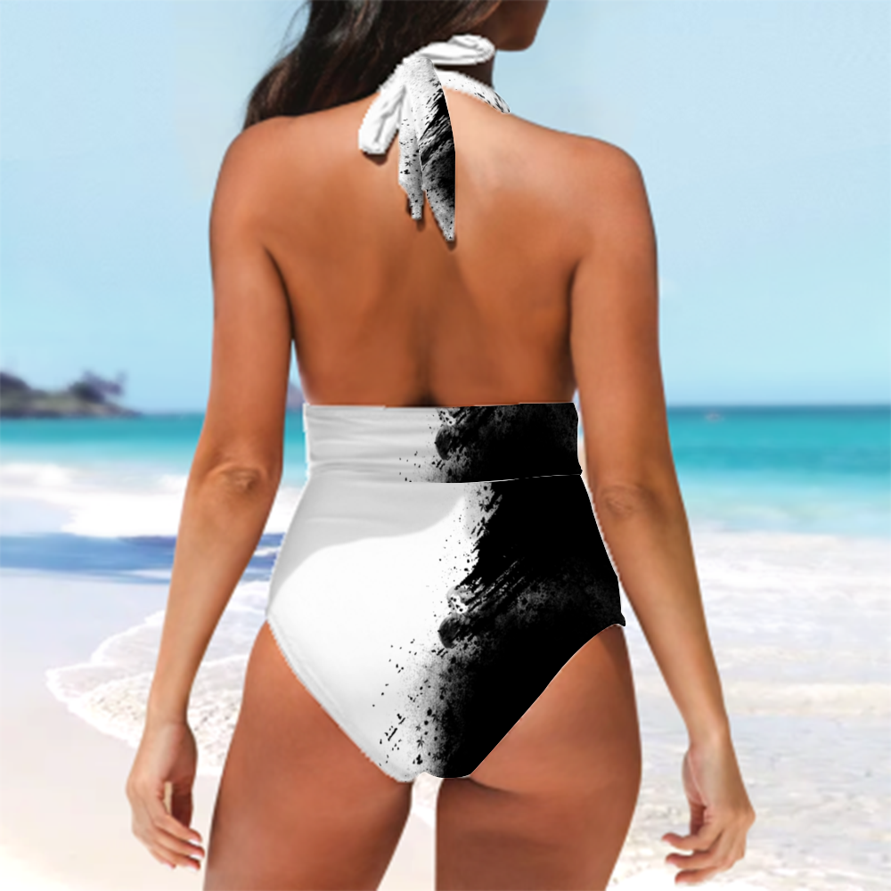 Custom All Over Print Women's Tankini Halterneck One Piece Swimsuit Black White abstract Home-clothes-jewelry