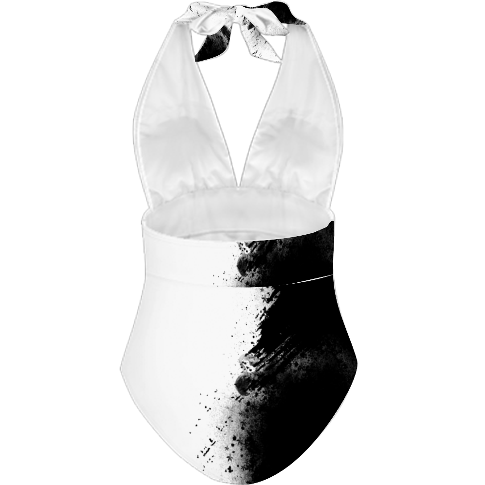 Custom All Over Print Women's Tankini Halterneck One Piece Swimsuit Black White abstract Home-clothes-jewelry