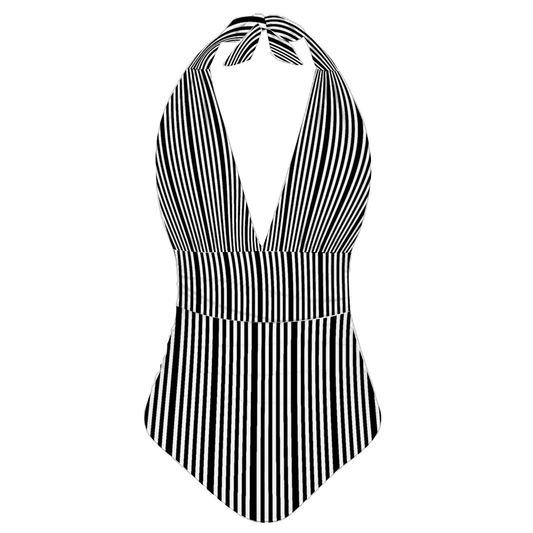 Custom All Over Print Women's Tankini Halterneck One Piece Swimsuit Black and White stripes Home-clothes-jewelry