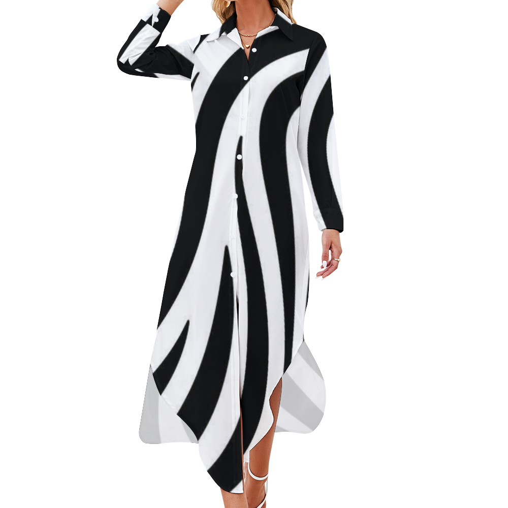 Custom Women's Long Sleeves Shirt Dress Button Up Slit Skirt Home-clothes-jewelry