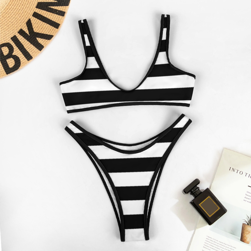 Custom Women's Two Piece Swimsuits Sexy Bikini Suit Black White Stripes Home-clothes-jewelry