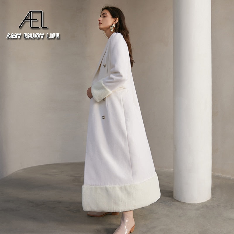 AEL Woolen Coat women Winter Lapel Collar Double-Breasted Warm Overcoat Snow White Slim Long Blazer