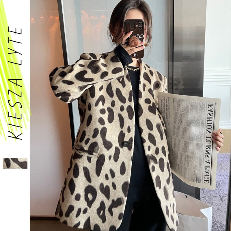 Elegant Ladies Thicken Warm Blazer Woolen Coat Vintage Long Sleeve Pockets Leopard Print Female Suit Outerwear Overcoat