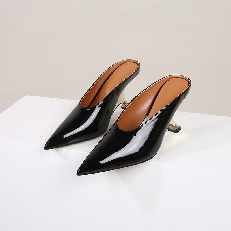 Glossy patent leather cross-border women's shoes with high heels and sloping heels slippers